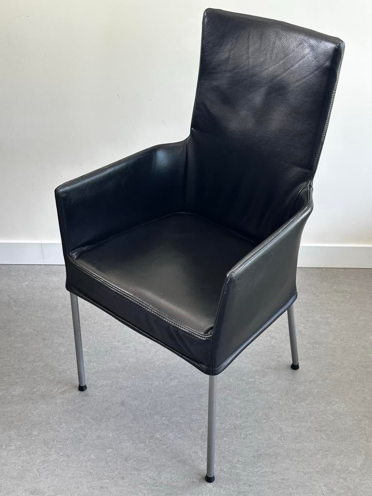 Zwarte leren eetkamerstoelen met armleuningen 6 stuks, Huis en Inrichting, Stoelen, Ophalen, Gebruikt, Zwart, Leer