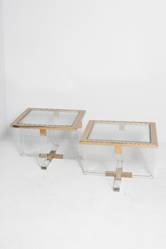 Architecturele vintage set Lucite & messing bijzettafels, Ophalen, Minder dan 45 cm, Kunststof, Gebruikt