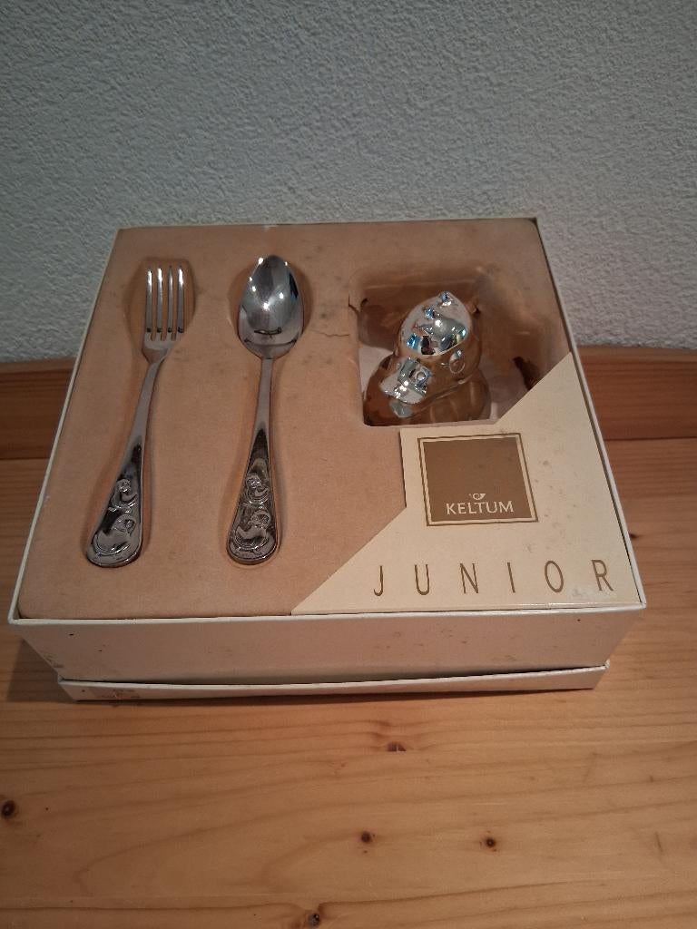 Keltum 18/10 (100) Junior bestekset met spaarpot - eend, Ophalen of Verzenden, Nieuw, Zilver, Bestekset