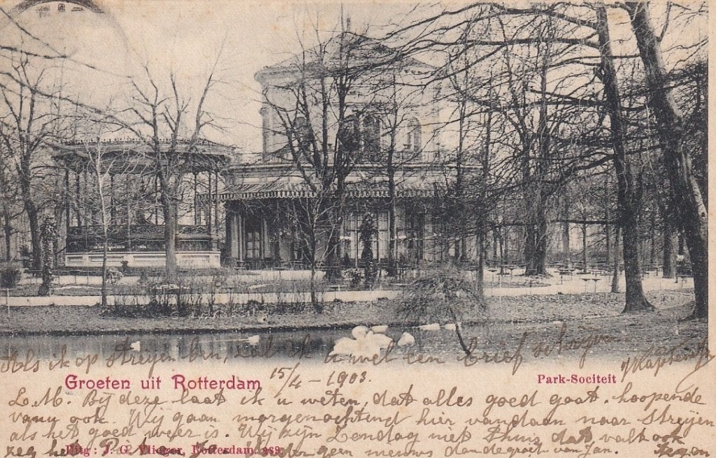 750B Rotterdam Park met Sociëteit, Vlieger-kaart 1903, Verzamelen, Ophalen of Verzenden, Voor 1920, Gelopen, Zuid-Holland