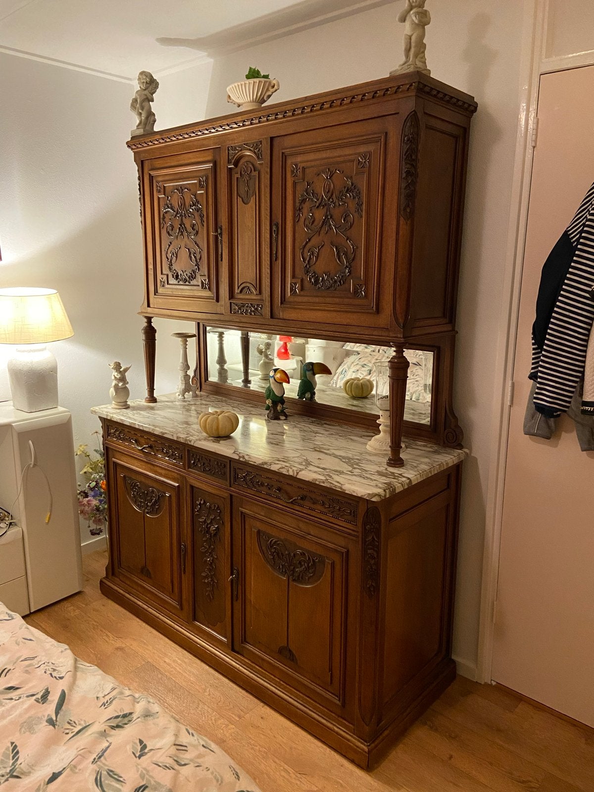 Antiek dressoir met marmeren blad en spiegel, Ophalen of Verzenden