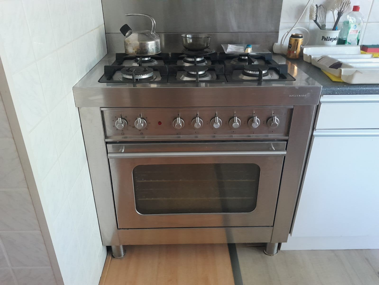 RVS gasfornuis 6-pit Solitair, Witgoed en Apparatuur, Fornuizen, Ophalen, Gebruikt, Gas, Vrijstaand
