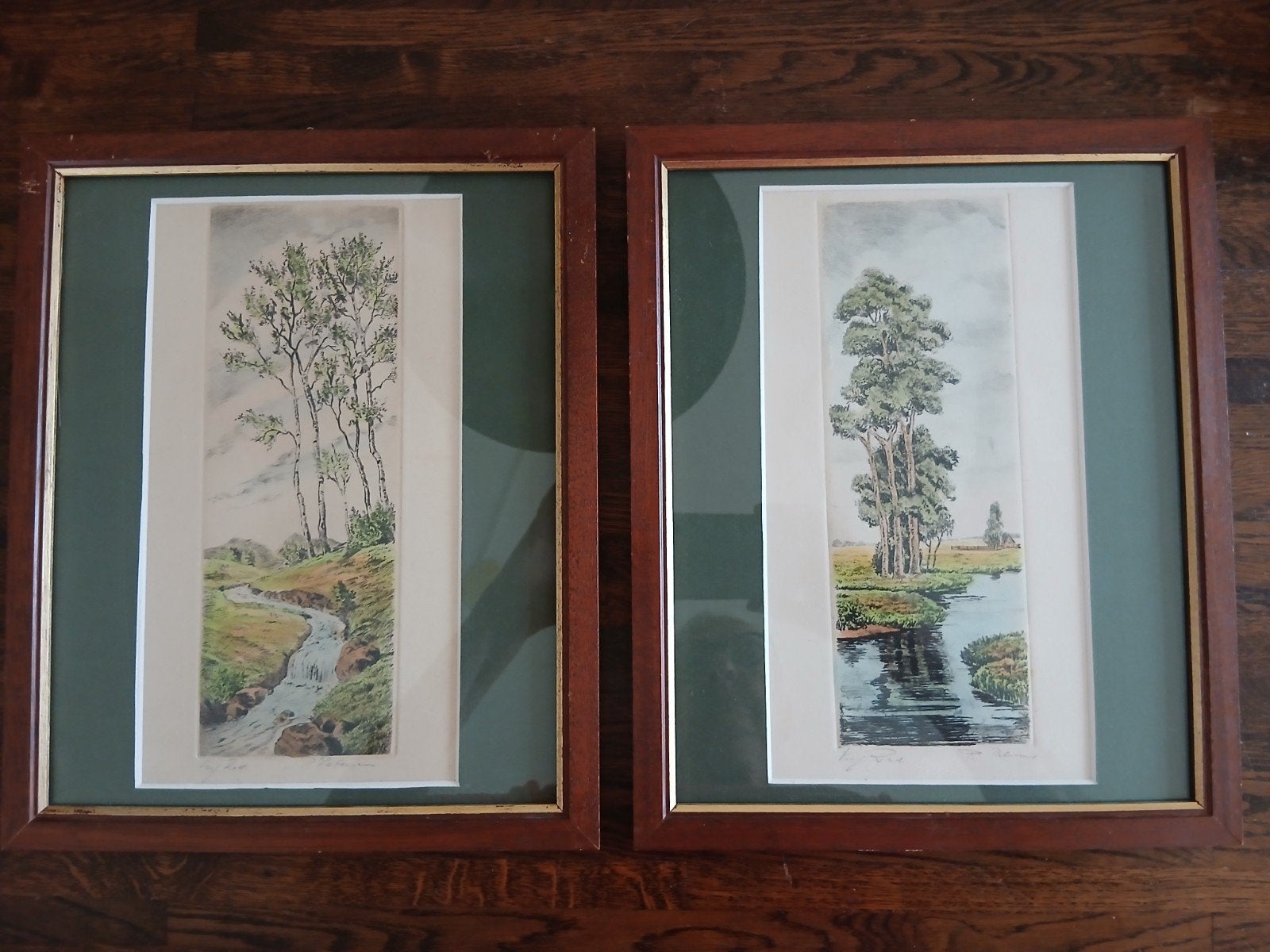 2 originele etsen in lijst -- P.Petersen?, Antiek en Kunst, Ophalen of Verzenden, Landschap, Ets, Ingelijst