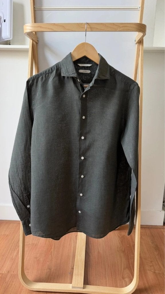 Suitsupply Leggiuno Linnen Shirt Khaki Groen Maat 39/40 Slim, Verzenden, Nieuw, Halswijdte 39/40 (M), Groen