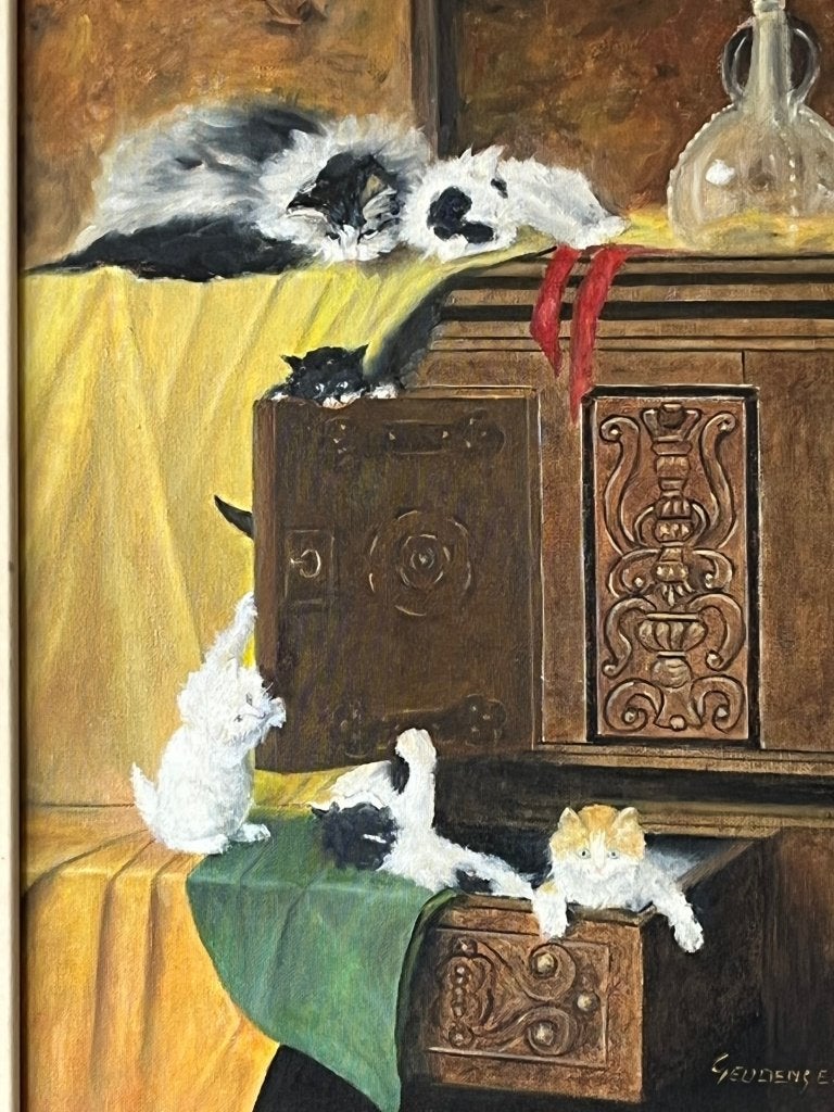 Emile Geudens, stilleven met spelende kittens, Ophalen