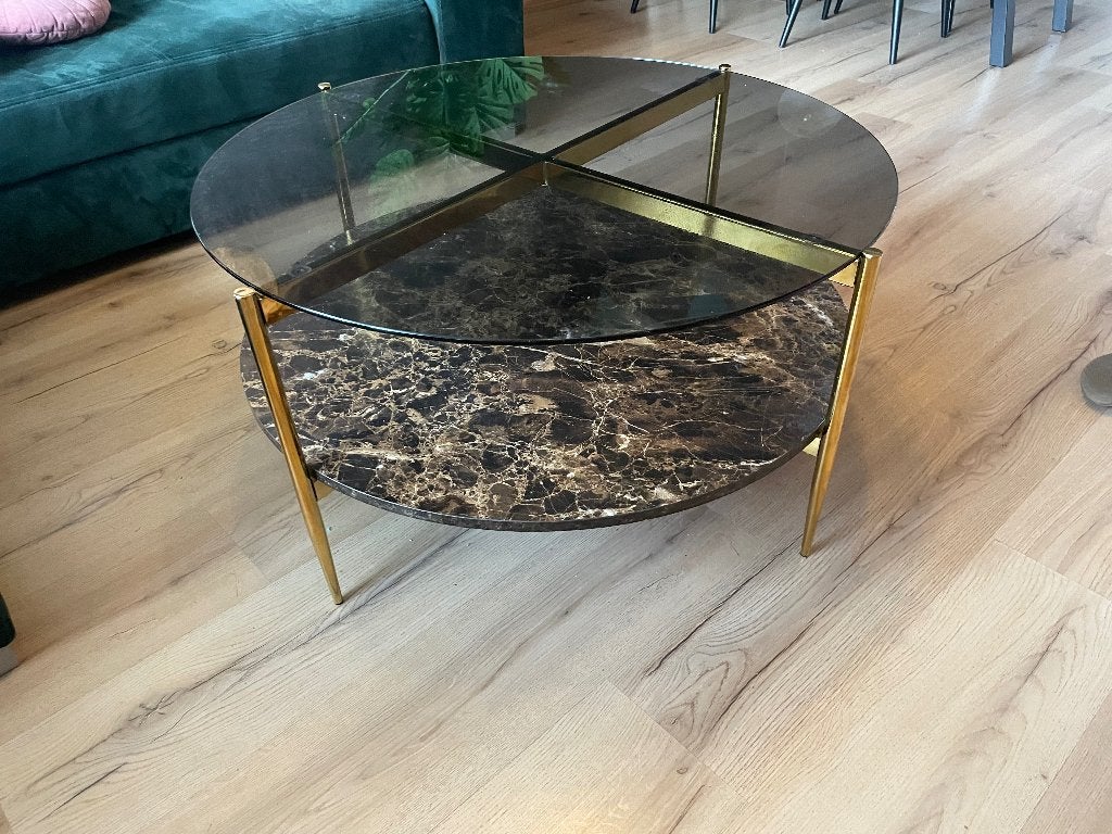 Salontafel rookglas gouden poten 85 bij 85, Ophalen, Overige materialen, 100 tot 150 cm, Rond