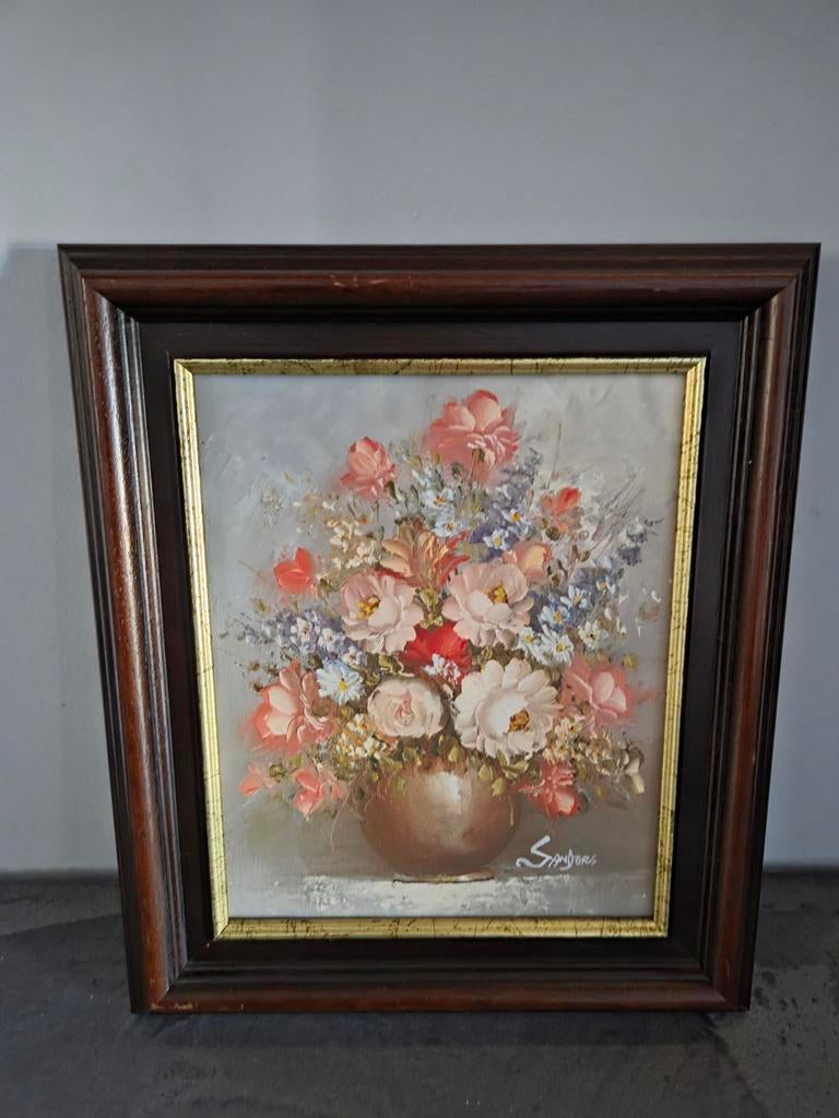 Antiek olieverf schilderij bloemen gesigneerd Sanders, Ophalen of Verzenden