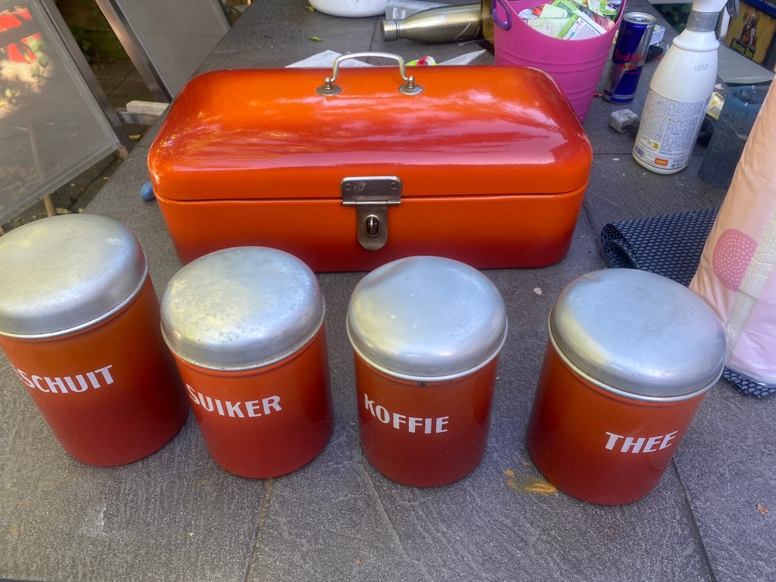 Vintage Oranje Emaille Broodtrommel en Voorraadpotten Set, Ophalen of Verzenden