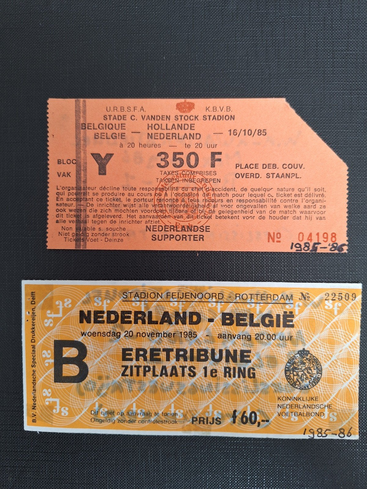 Tickets Be/NL-NL/Be uit/thuis.1985., Ophalen of Verzenden, Gebruikt, Feyenoord, Overige typen