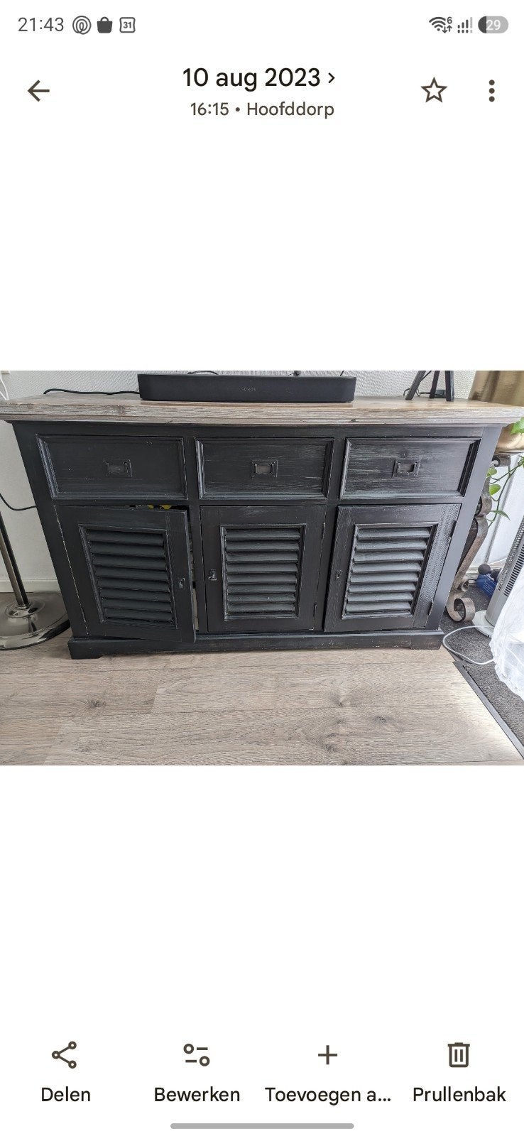 Zwart dressoir met louvre deuren, Huis en Inrichting, Kasten | Dressoirs, Ophalen, Gebruikt, 100 tot 150 cm, Landelijk, Robuust