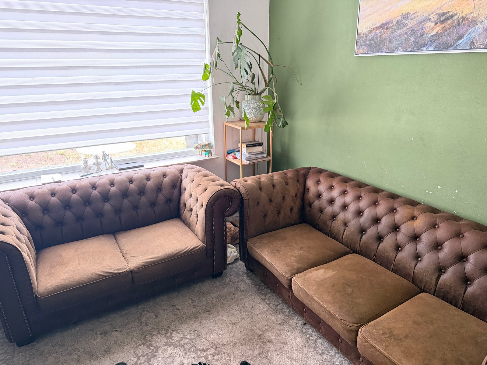 Chesterfield banken set: een tweezits en een driezits, Ophalen, Gebruikt, 75 tot 100 cm, Rechte bank