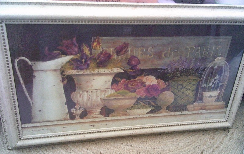 Schilderij brocante stijl bloemen op kast 51x91cm, Ophalen, Gebruikt, Meerkleurig, Decoratieobject