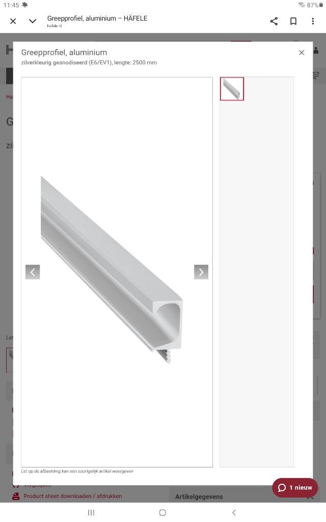 Häfele greepprofiel, geanodiseerd aluminium. Klassiek model, Doe-het-zelf en Verbouw, Ophalen, Nieuw, Aluminium