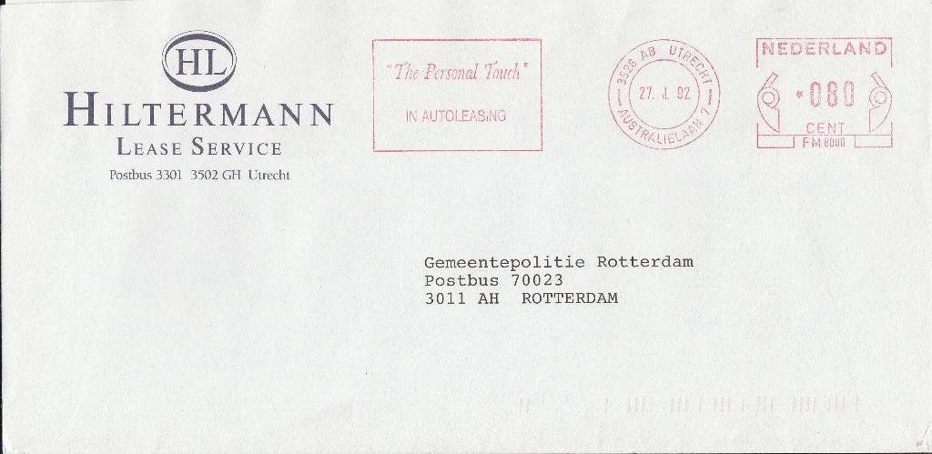 UTRECHT 1992 HILTERMAN Lease Service, Verzamelen, Ophalen of Verzenden, 1980 tot heden, Gelopen, Utrecht