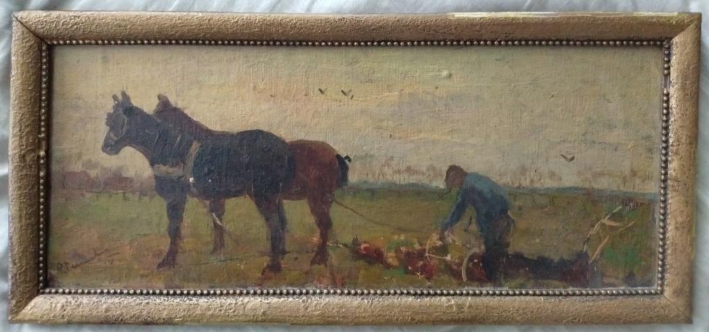 Boer met paarden op het veld, Antiek en Kunst, Kunst | Schilderijen | Klassiek, Ophalen of Verzenden