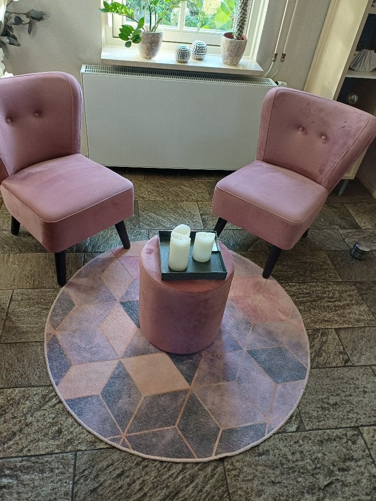 2 roze stoelen met poef en rond vloerkleed, Ophalen, Gebruikt, Twee, Overige kleuren
