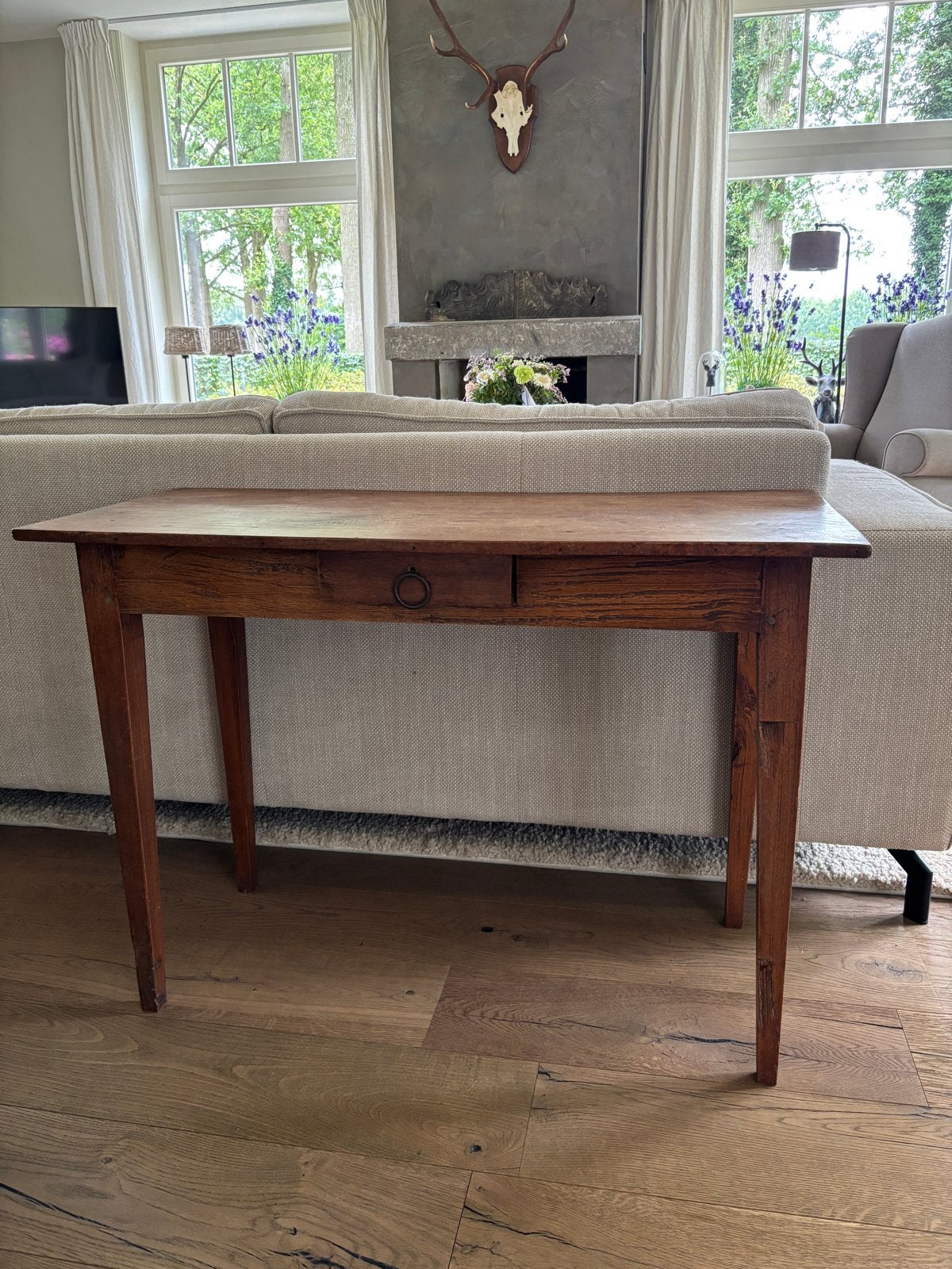 Houten side table met lade - Landelijk, Brocante, Antiek, Huis en Inrichting, Tafels | Sidetables, Ophalen, 25 tot 50 cm, Rechthoekig