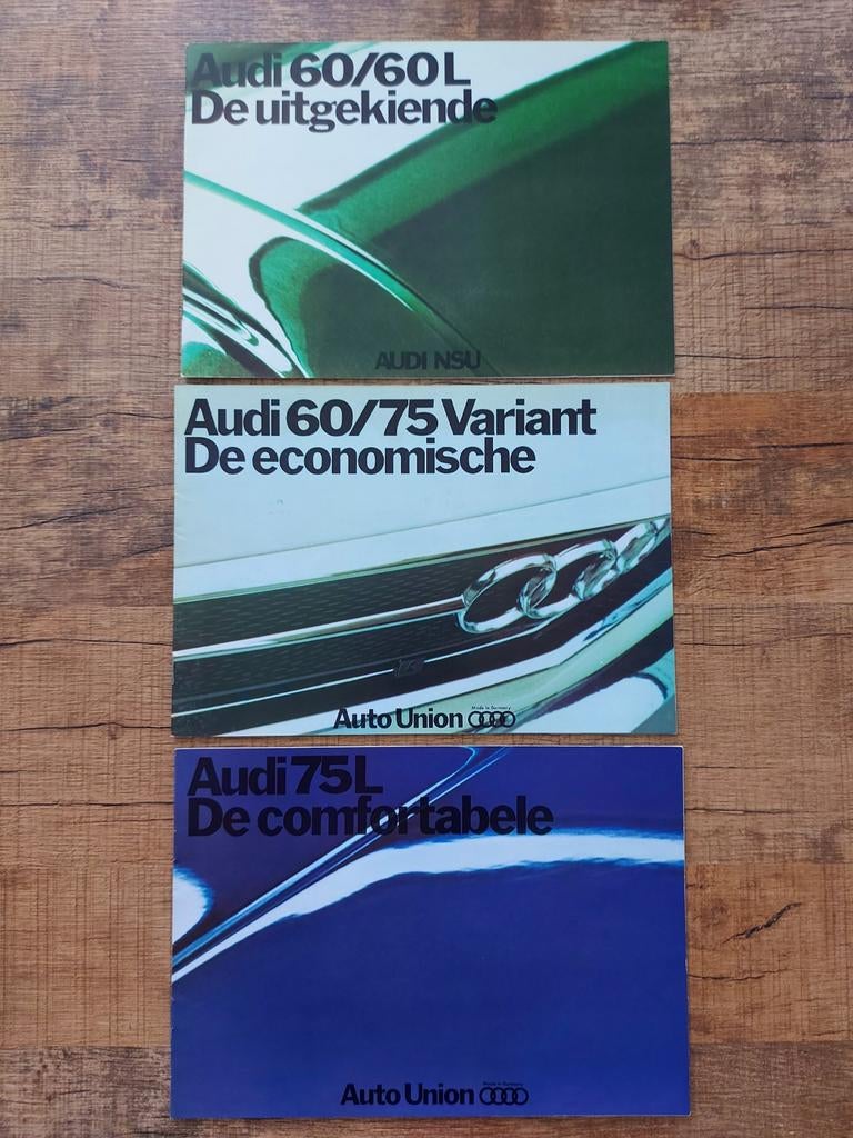 3x oude Audi folder 60 - 75 - Variant, Boeken, Auto's | Folders en Tijdschriften, Ophalen of Verzenden, Zo goed als nieuw, Audi