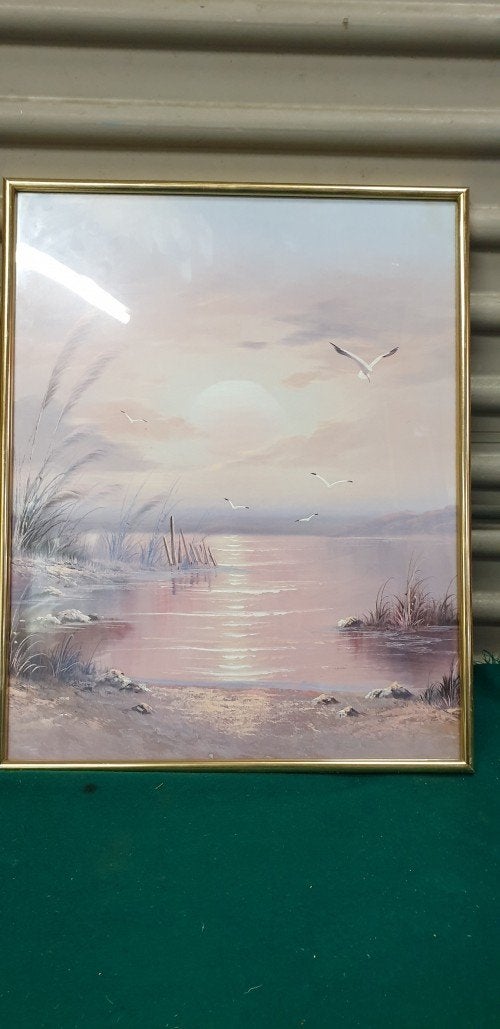 Schilderij / prent van waterlandschap met meeuwen in goudkle, Ophalen of Verzenden, 'T Olde Gre-j, Info@toldegrej.nl, Endepoelstraat 20f Didam
