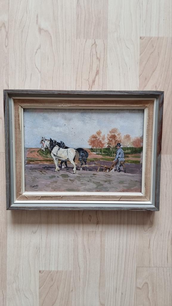 Schilderijtje ploegende boer, Ophalen of Verzenden