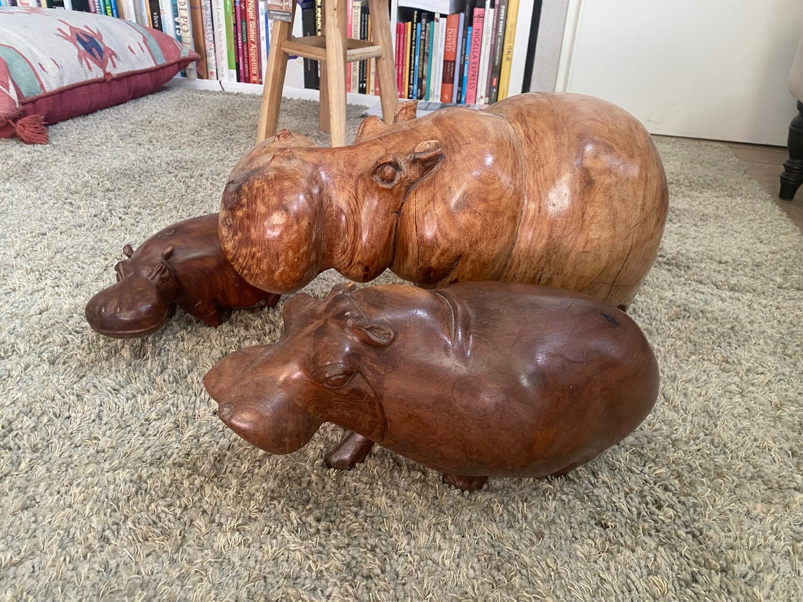 3 handgemaakte nijlpaarden,Afrikaans ijzerhout Zuid-Afrika, Antiek en Kunst, Ophalen of Verzenden, 20 - 50 cm, Beeld, Hout