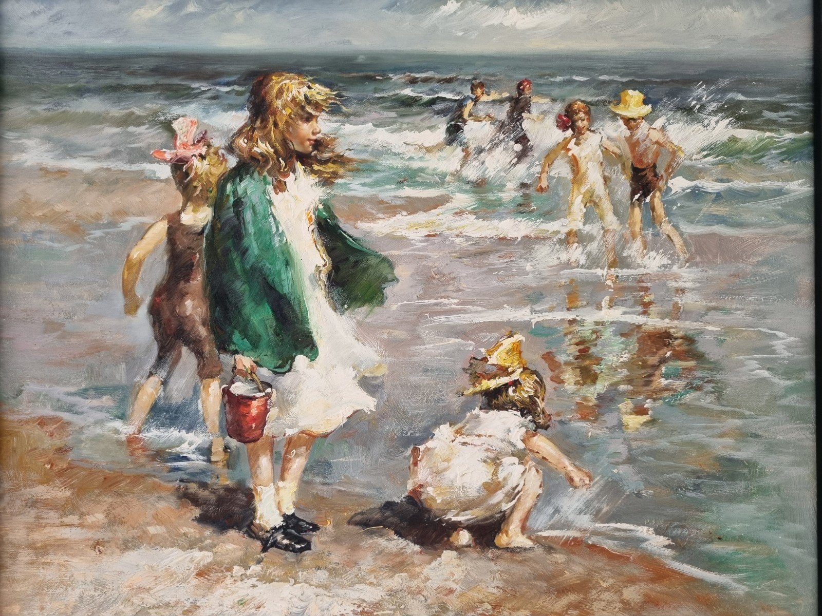 "Strandplezier" Impressionistisch olieverfschilderij op doek, Ophalen of Verzenden