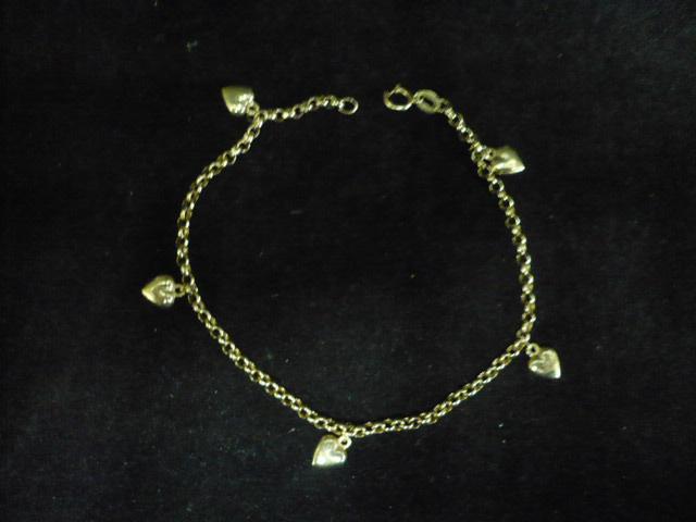 14 karaat gouden armbandje 2.14 gram - 19.5 cm  - 5 hartjes, Ophalen of Verzenden, Zo goed als nieuw, Goud, Goud