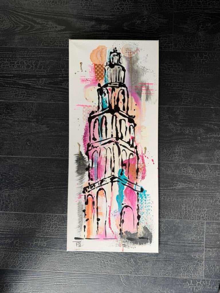 Origineel schilderij martinitoren Groningen, Ophalen of Verzenden, Zo goed als nieuw, Schilderij, 75 cm of meer