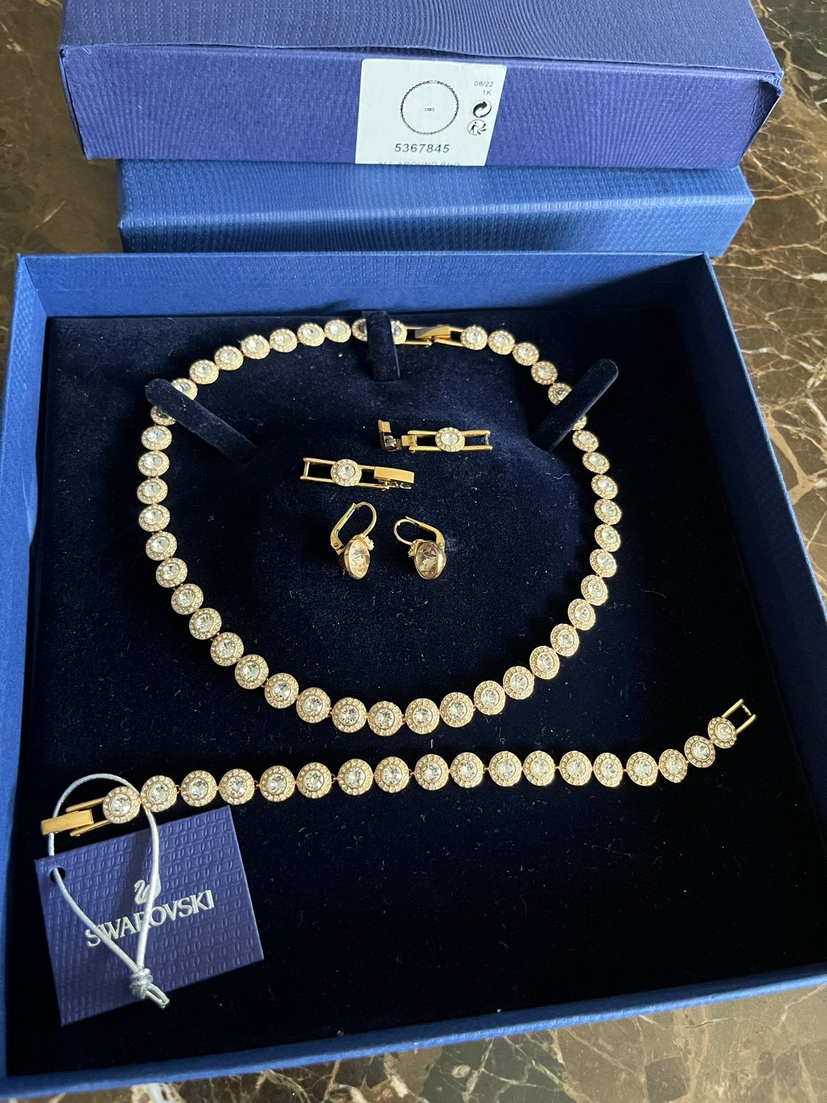 Swarovski Angelic Rosé Gouden Set: Ketting, Armband, Oorbell, Met kristal, Overige materialen, Ophalen of Verzenden, Zo goed als nieuw