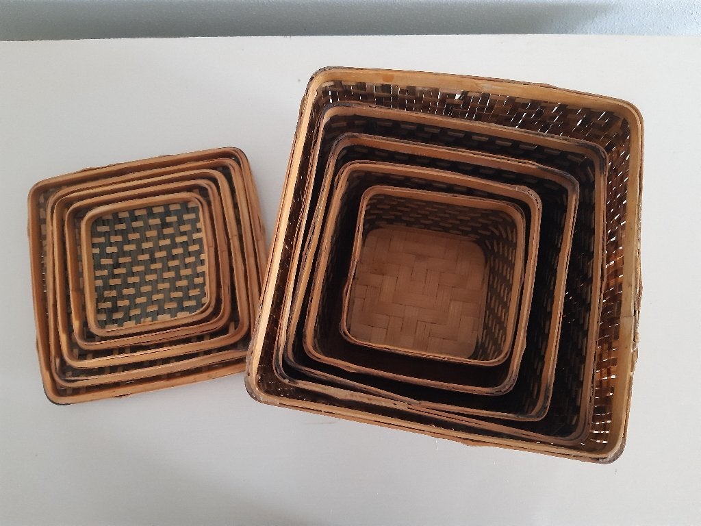 Serie van 5 rotan manden met deksels, Ophalen, Gebruikt, Mand, Vierkant