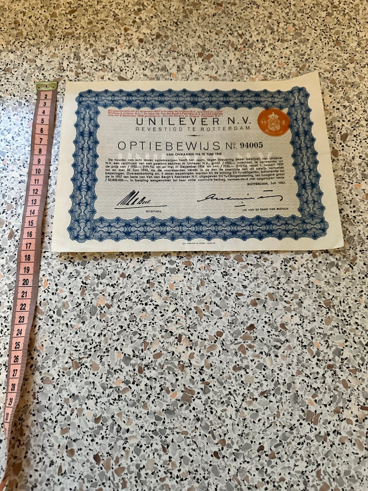 Unilever Optiebewijs N.V. - Historisch Financieel Document, Ophalen of Verzenden, 1920 tot 1950, Aandeel
