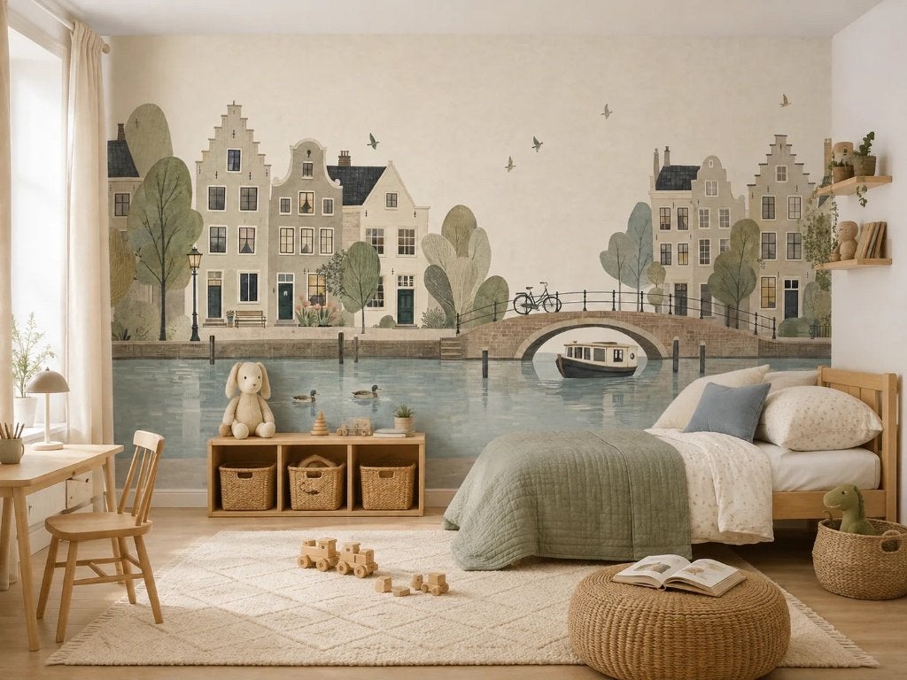 Behang kinderkamer – grachtenstad met brug en boot, Scandinavisch, Overige merken, Blauw, Ophalen of Verzenden