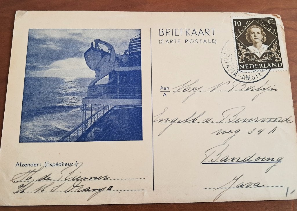 briefkaart met postzegel van M.S. Oranje naar Bandung 1949, Ophalen of Verzenden, Briefkaart
