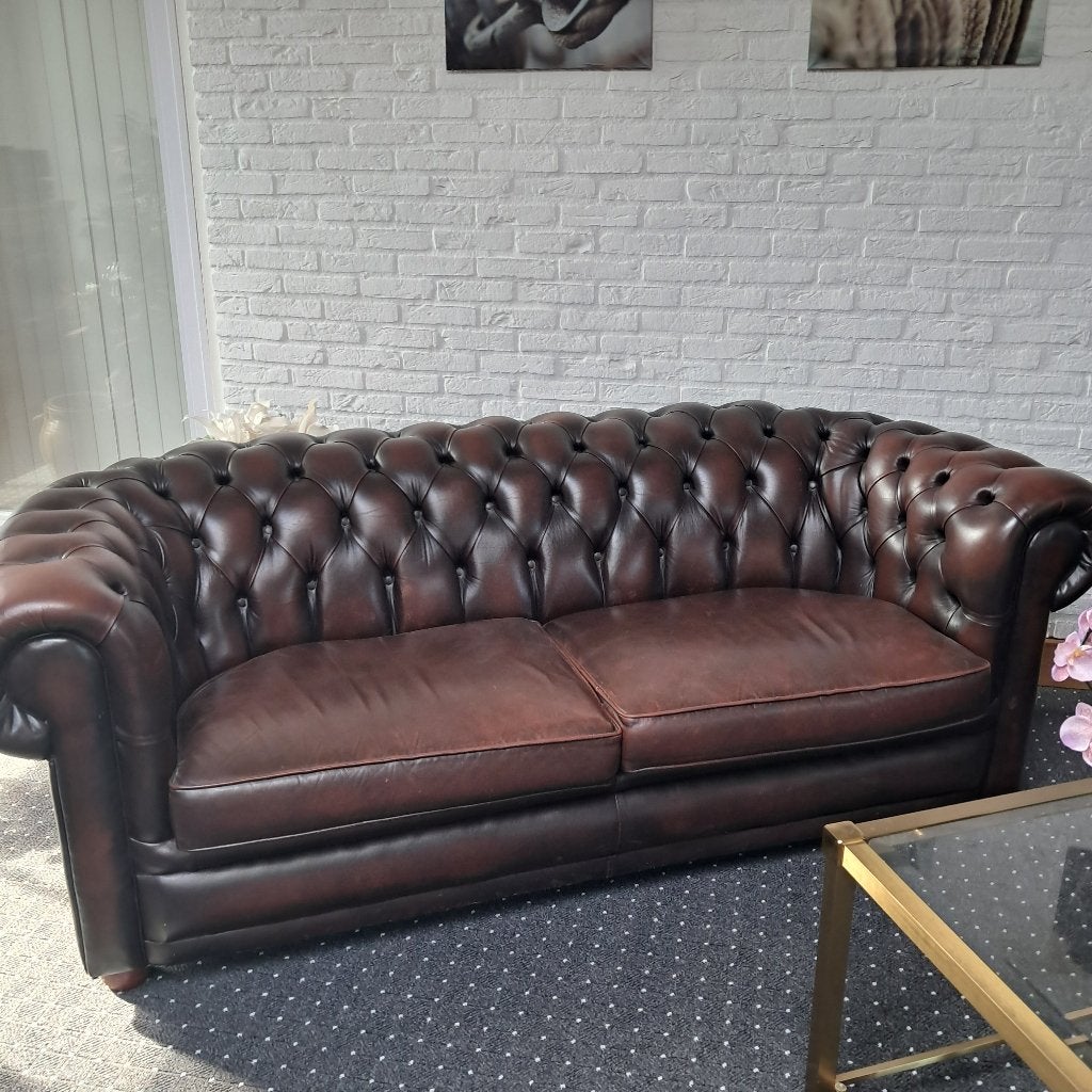 Chesterfield bankstel 3 zits + 2 zits bruin leder, Ophalen, Gebruikt, Chesterfield, Rechte bank