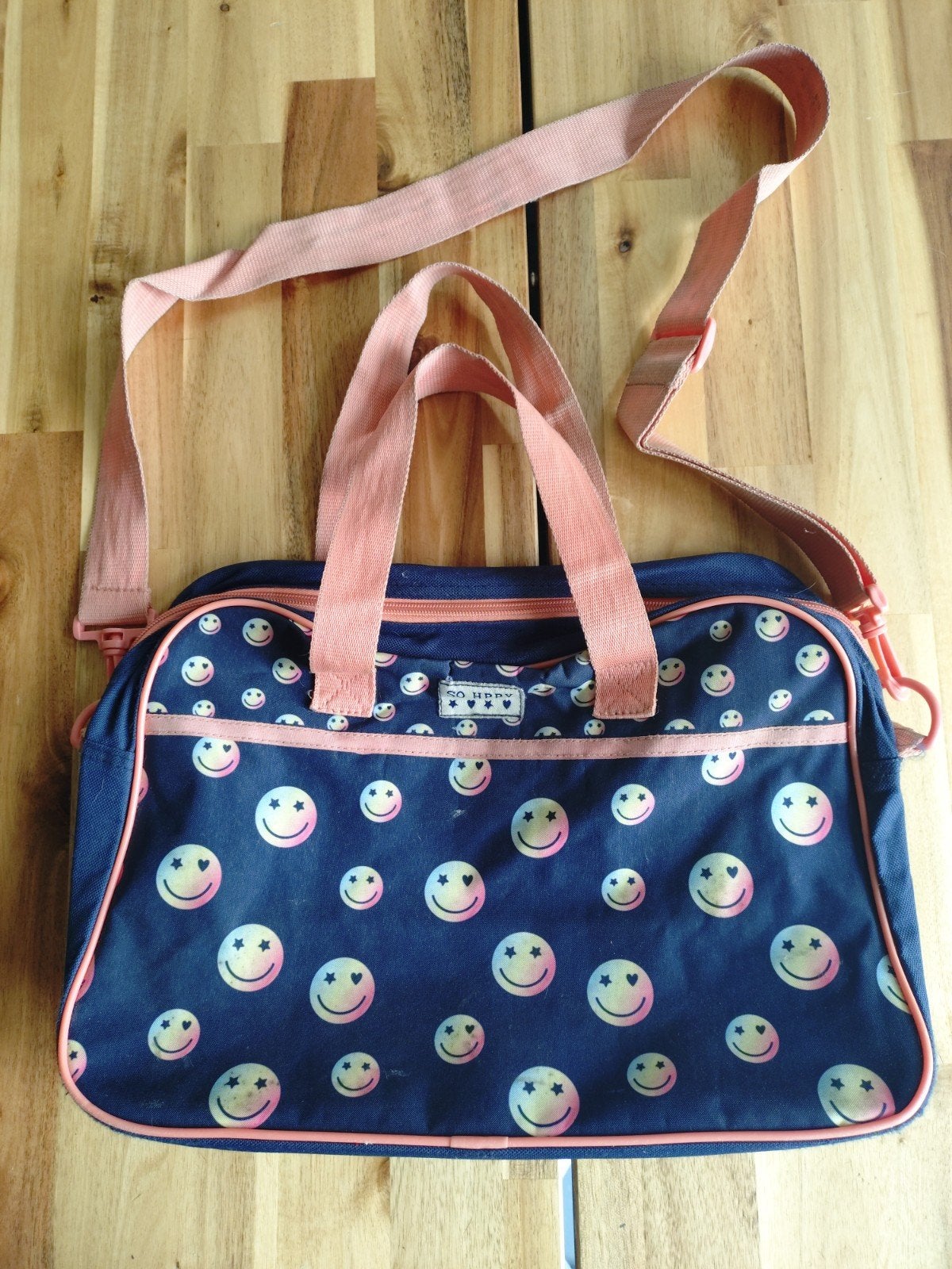 Leuke blauwe tas met smiley's en roze accenten, Ophalen of Verzenden, Gebruikt, Blauw, Overige merken
