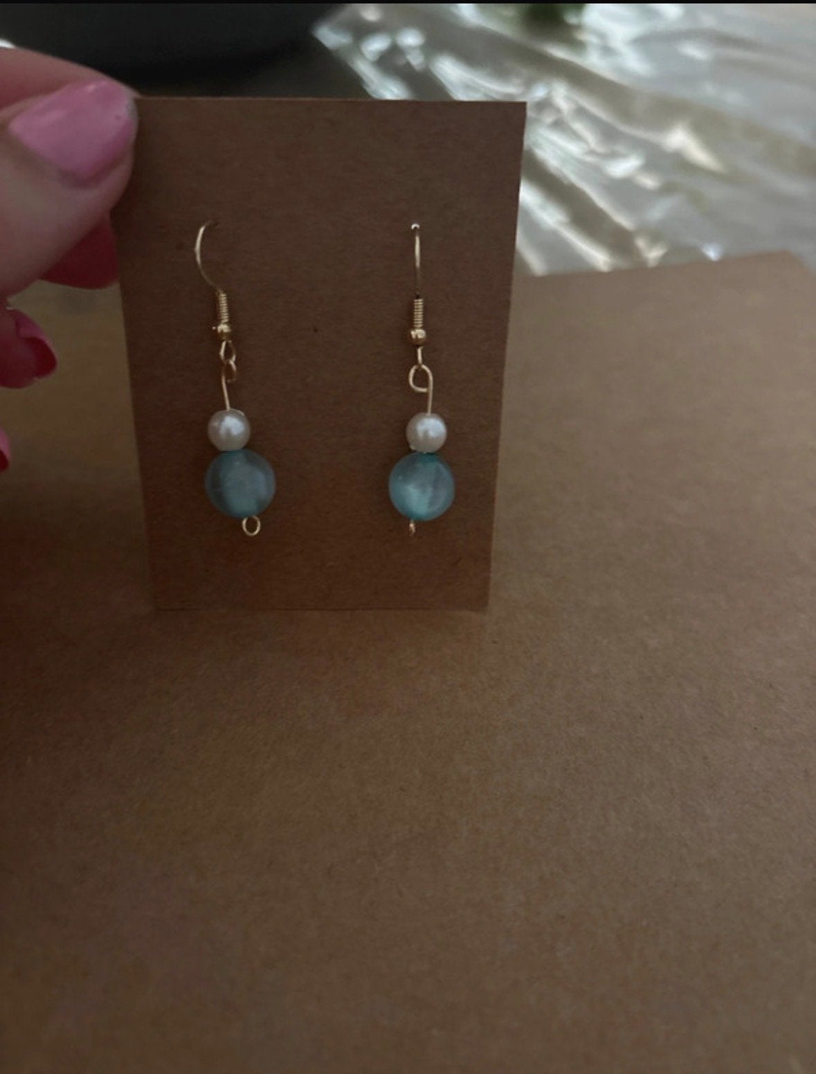 Elegante Oorbellen met Parel en Blauwe Kraal, Overige materialen, Hangers, Blauw, Nieuw
