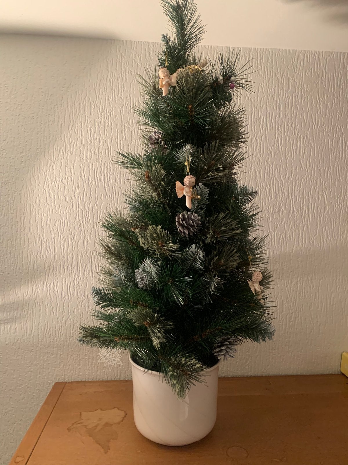 Kerstboom kunst met decoratie & lampjes in pot plm 1 meter, Ophalen, Zo goed als nieuw