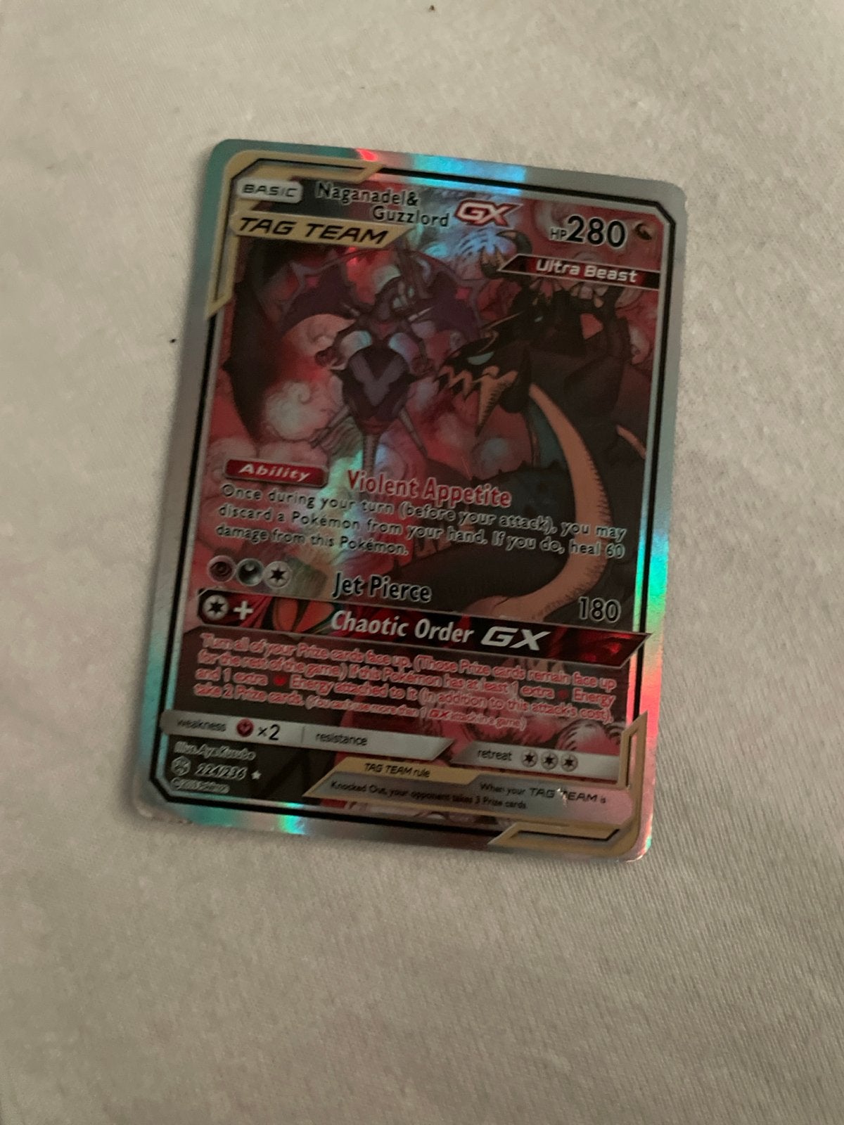 Naganadel & Guzzlord GX TAG TEAM Pokémon kaart, Ophalen of Verzenden, Zo goed als nieuw, Losse kaart, Foil