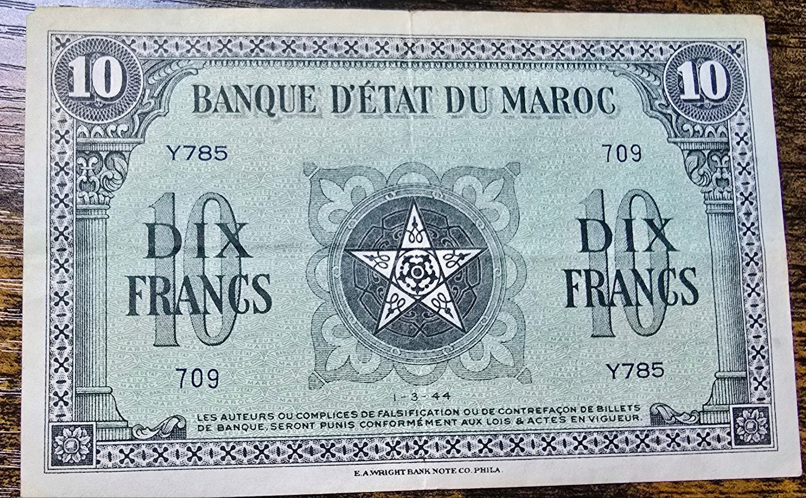 Marokko 10 Dix Francs 1944 Bankbiljet, Postzegels en Munten, Ophalen of Verzenden