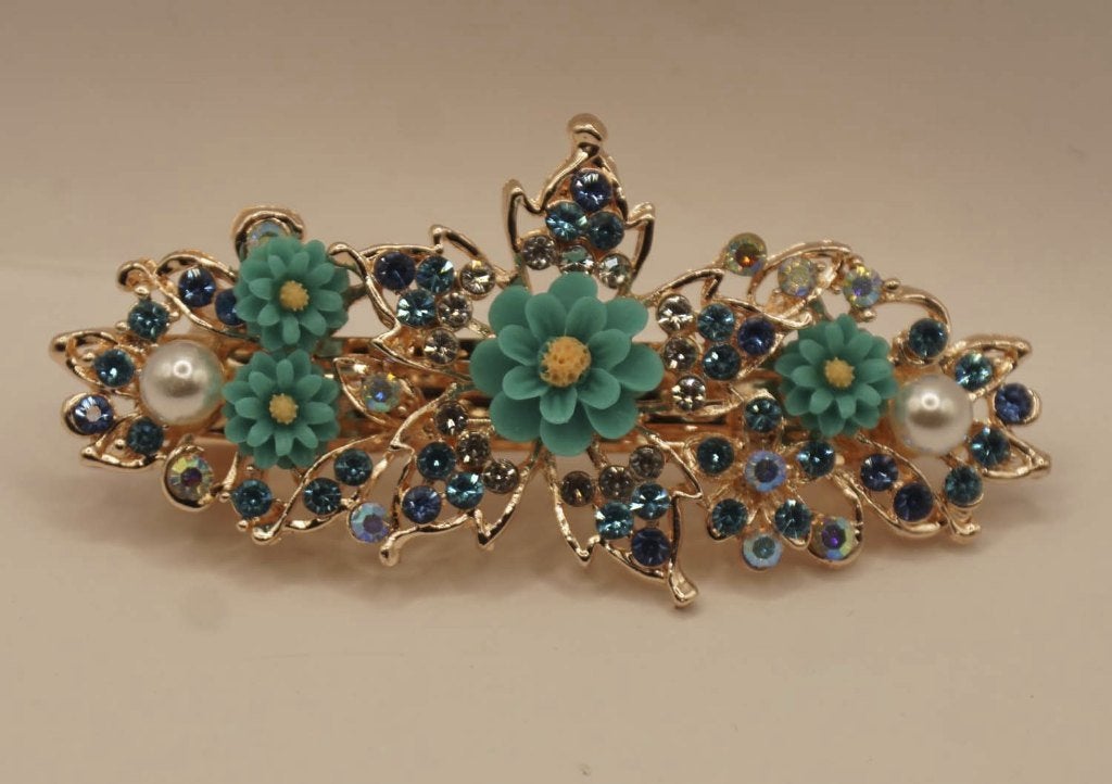 Metalen haarclip 4 groen bloemen met strass en pareltjes
