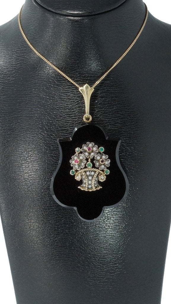 Bloemenmand onyx schild 14k grote hanger schild ketting dame, Voordeelsieraden, Ophalen of Verzenden, Zo goed als nieuw, Info@voordeelsieraden.nl