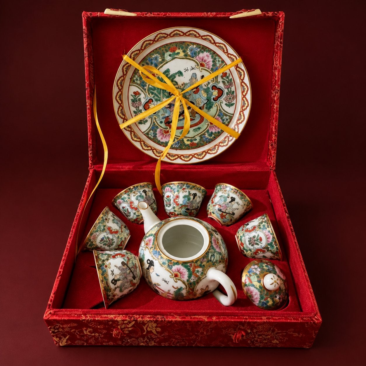 Vintage Chinees Porseleinen Mini Theeservies in Brokaatdoos, Antiek en Kunst, Ophalen of Verzenden