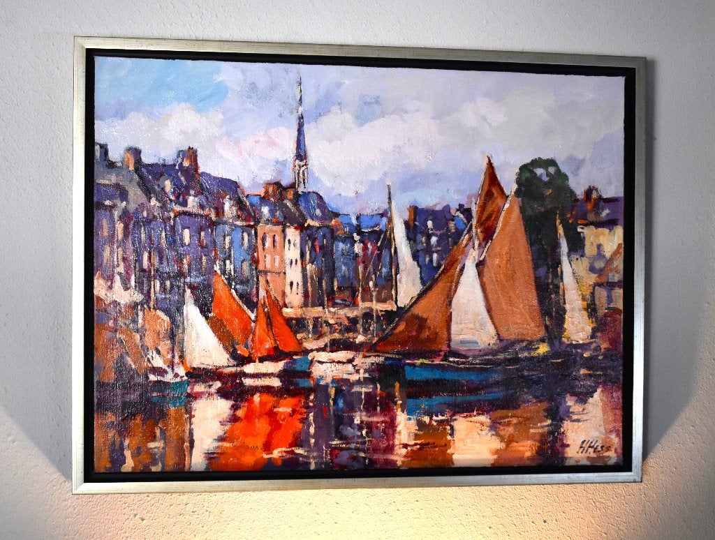 Henri Hess(1950)  haven van Honfleur- Frankrijk., Ophalen, Ingelijst, Olieverf, Overige materialen