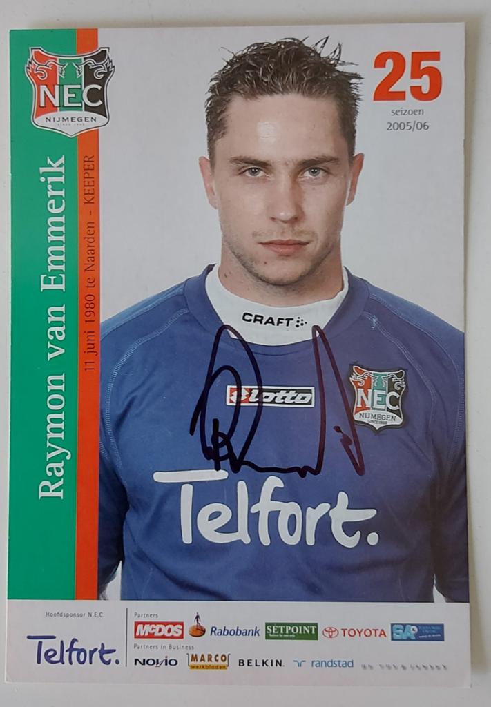 NEC Nijmegen spelerskaart R. van Emmerik (gesigneerd), Verzenden, Zo goed als nieuw, Overige binnenlandse clubs, Spelerskaart