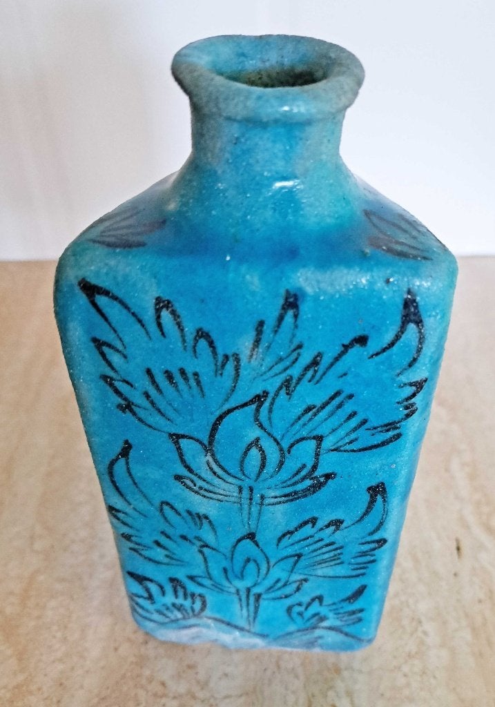 Antieke perzische Qajar turquoise keramieken fles driehoekig, Ophalen of Verzenden