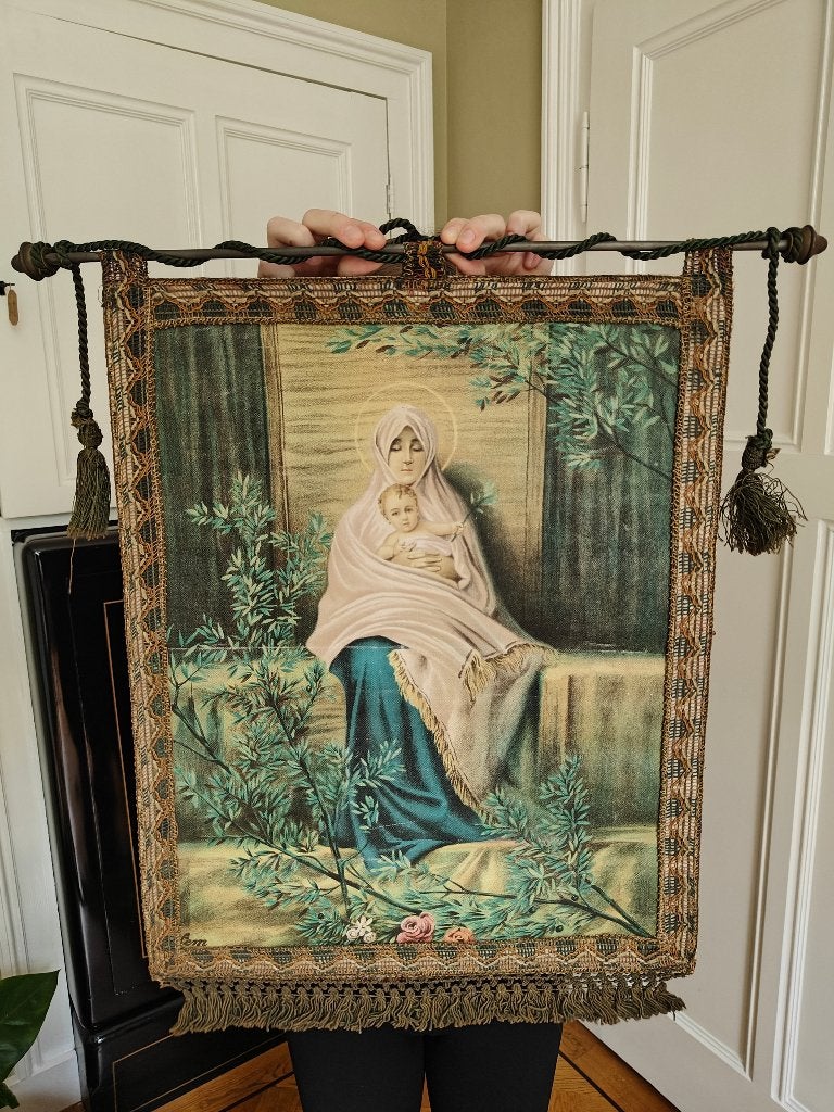 Processievaandel ca 1900 – Madonna met Kind – gesigneerd em, Antiek en Kunst, Antiek | Religie, Ophalen of Verzenden