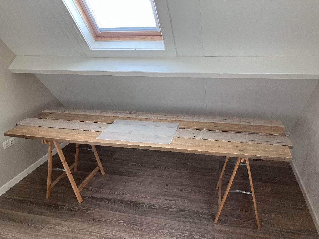 Steigerhouten bureau / werkbank, Gebruikt, Hout, 77 cm, Beige