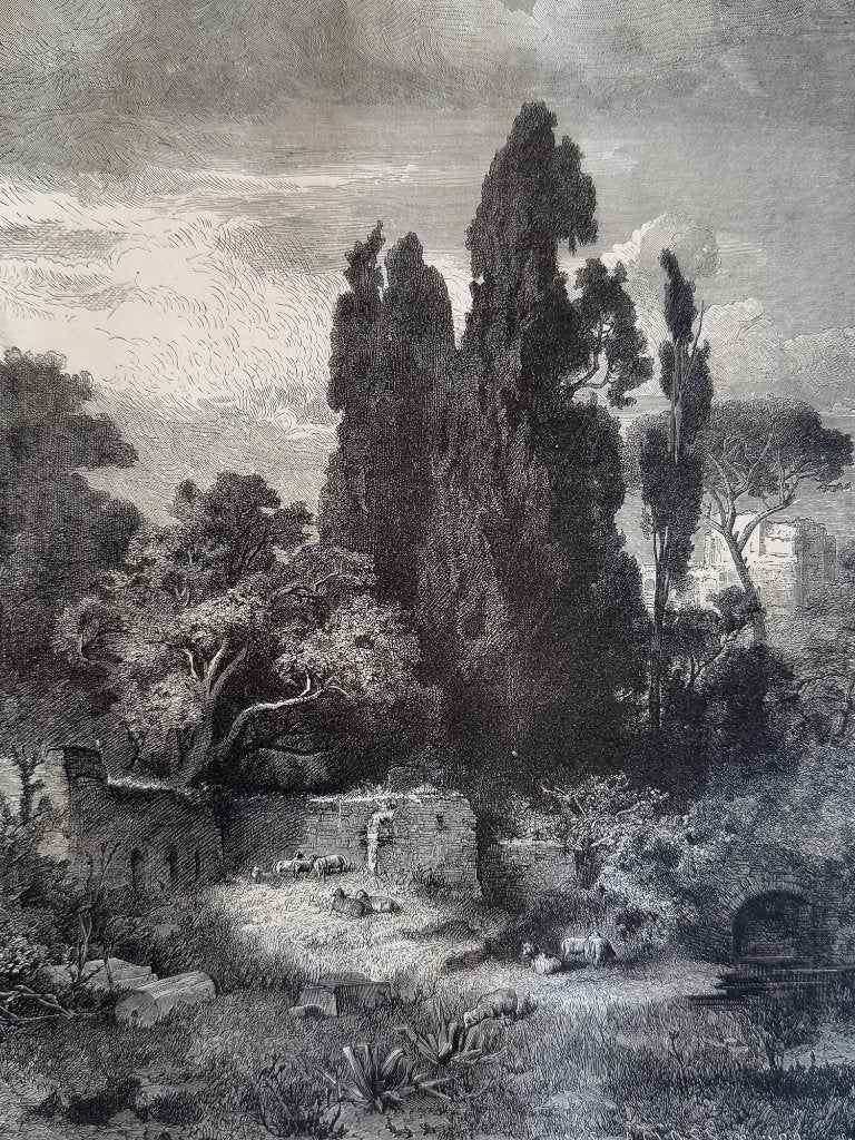Originele houtgravure 1877 - Villa van Hadrianus, Tivoli, Verzenden, 30 cm, 1800 - 1899, 40 cm
