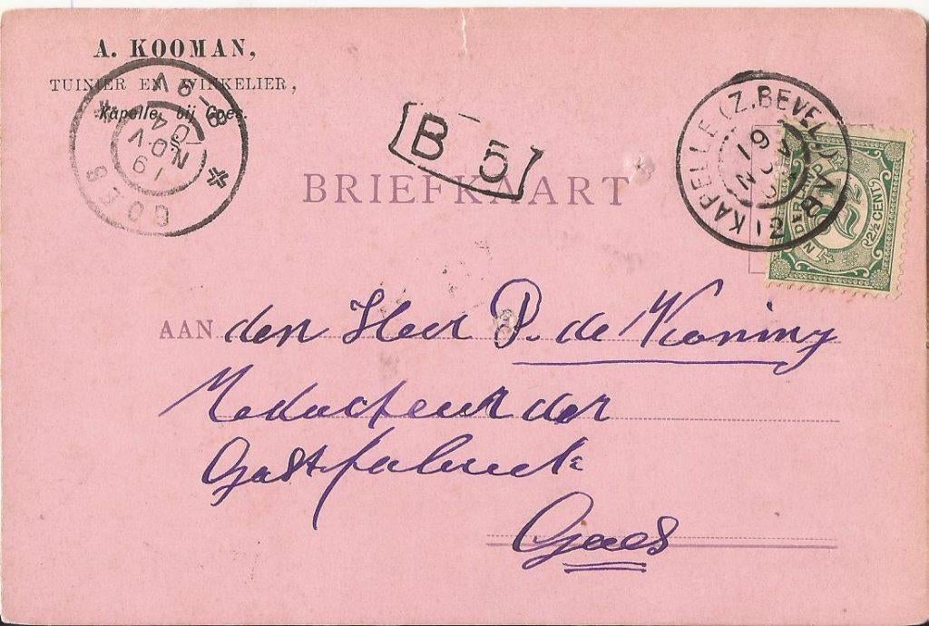 KAPELLE (Z.BEVELAND) 1904 A. KOOMAN Tuinier en Winkelier, Ophalen of Verzenden, Voor 1920, Gelopen, Zeeland