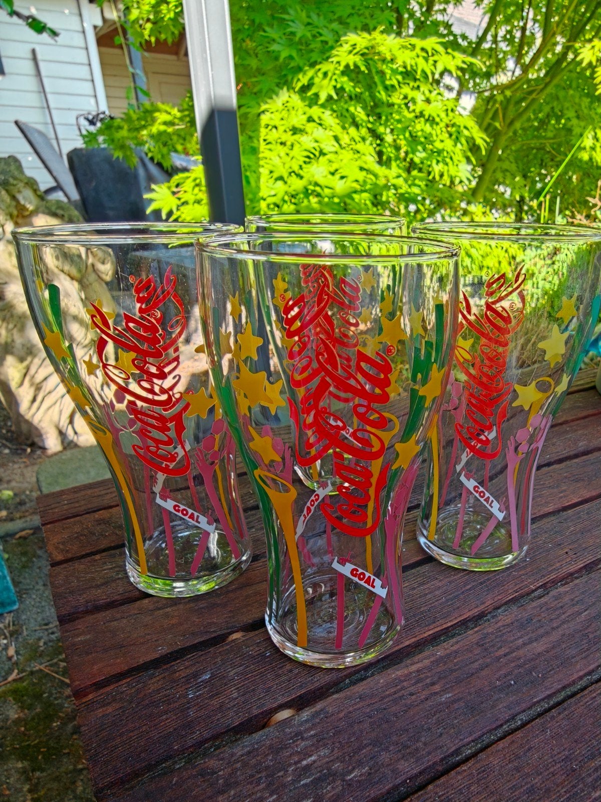 4 Coca-Cola drinkglazen - Vintage design, Vintage, Gebruikt, Meerkleurig, Ophalen of Verzenden